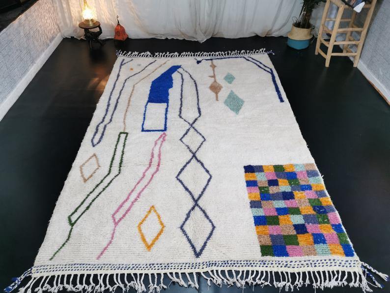 MOROCCAN WOOL RUG, Azilal Rug, Abstract Beniourain Rug, Custom White Carpet, Tribal Colorful Rug, Tapis Marocain, Morokko Tepisch - Berber rug