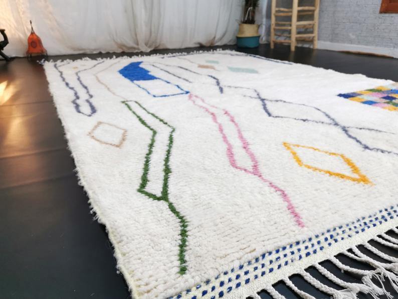 MOROCCAN WOOL RUG, Azilal Rug, Abstract Beniourain Rug, Custom White Carpet, Tribal Colorful Rug, Tapis Marocain, Morokko Tepisch - Berber rug